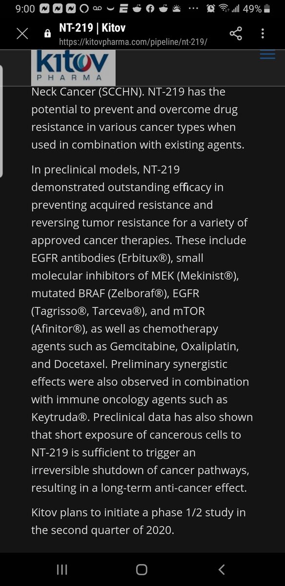 grandpamo75's tweet photo. #erbitux by @pfizer/ #mekinist by @GSK_bio /#tagrisso by @AstraZeneca /#afinitor by @Novartis / #gemcitabine by @EliLillyItalia eli- lilly.. all had positive trials with #n219 @Kitov_Pharma and Of course now #Keytruda by @Merck .. SOFT DD, BUT FEELS PROMISING.. ALL CANCER RELATED https://t.co/1q2T3JTehf