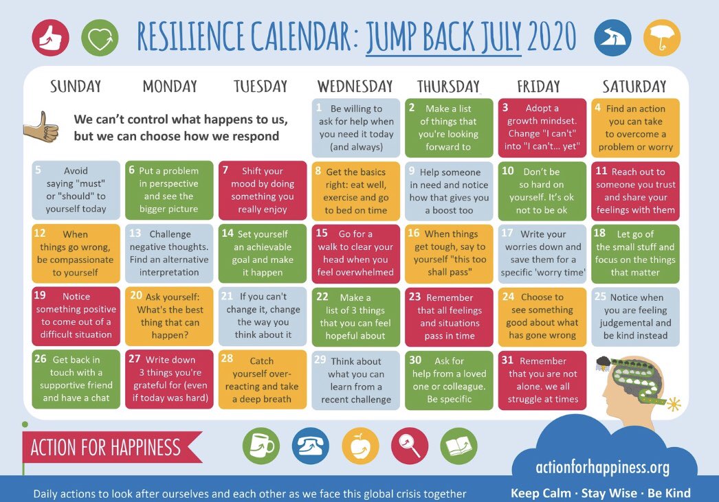 HCPS_RCLS's tweet photo. Resilience Calendar: Jump Back July 2020 “We can’t control what happens to us, but we can choose how to respond.”  @actionhappiness #ResilienceCalendar #SEL 💙💚❤️🧡 https://t.co/mN6BhDWdvH