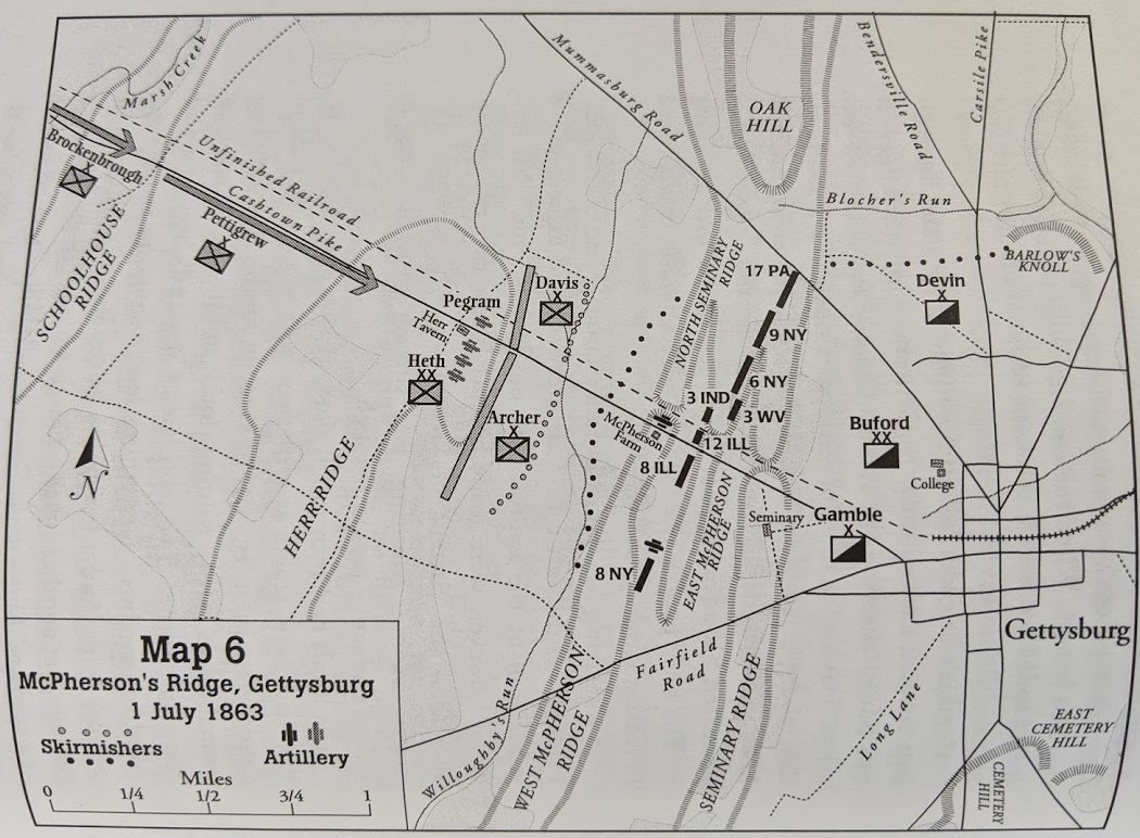 around midnight he desperately alerts his commander - John Reynolds - of the proximate threatunder cover of night Buford deploys his troops well west to meet the enemy - well west of Gettysburg proper and the high terrain he intends to fall back on (6 of 16)