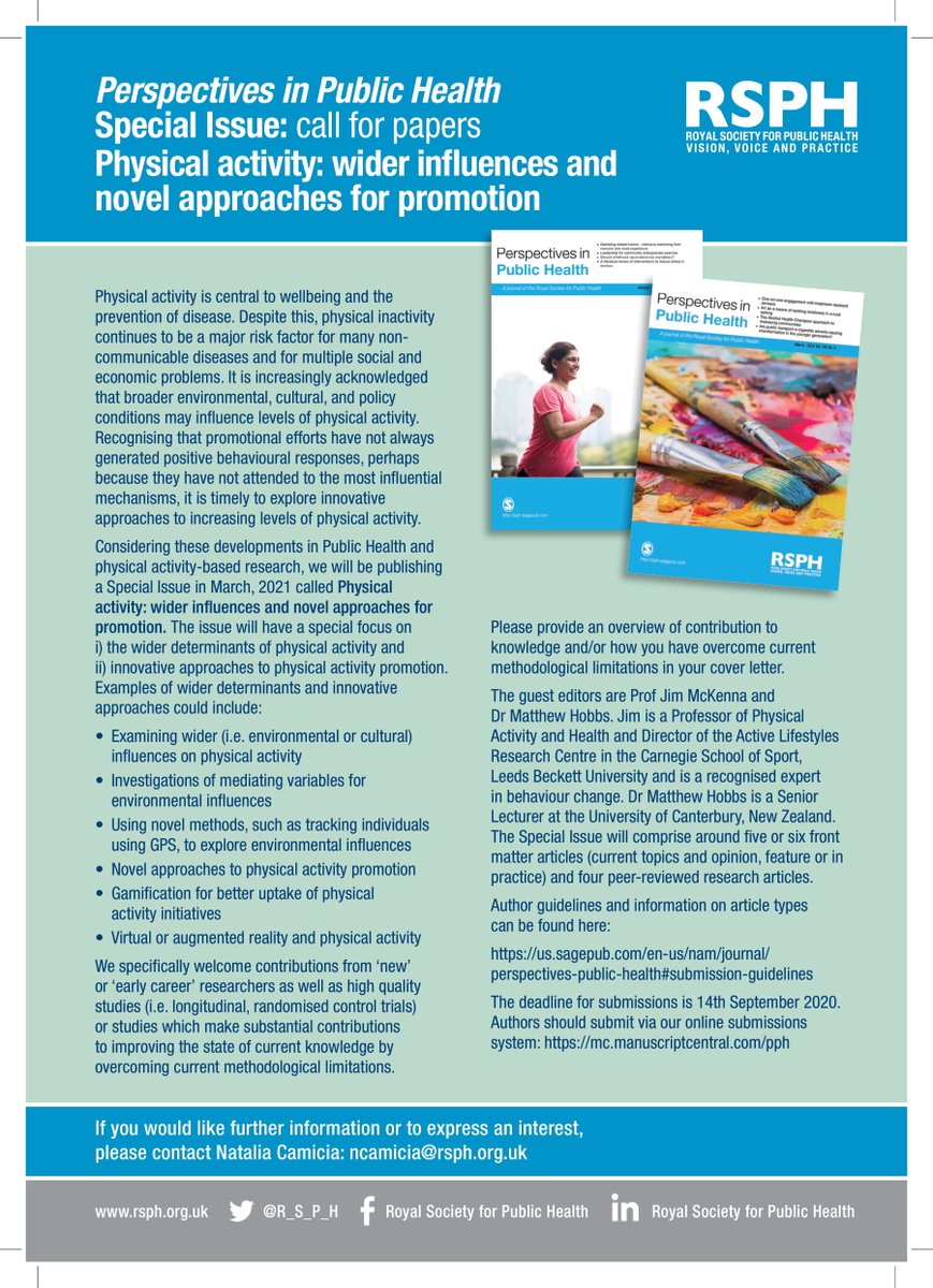 Please #retweet #share

* Special issue - #physicalactivity in <a href="/RSPH_PPH/">Perspectives in Public Health</a> 
* Focus - #wider #determinants &amp; #novel #approaches for promotion of PA 

We really welcome #research from early career researchers #ECR #PhD #phdchat AND/OR those that make #methodological progress!
