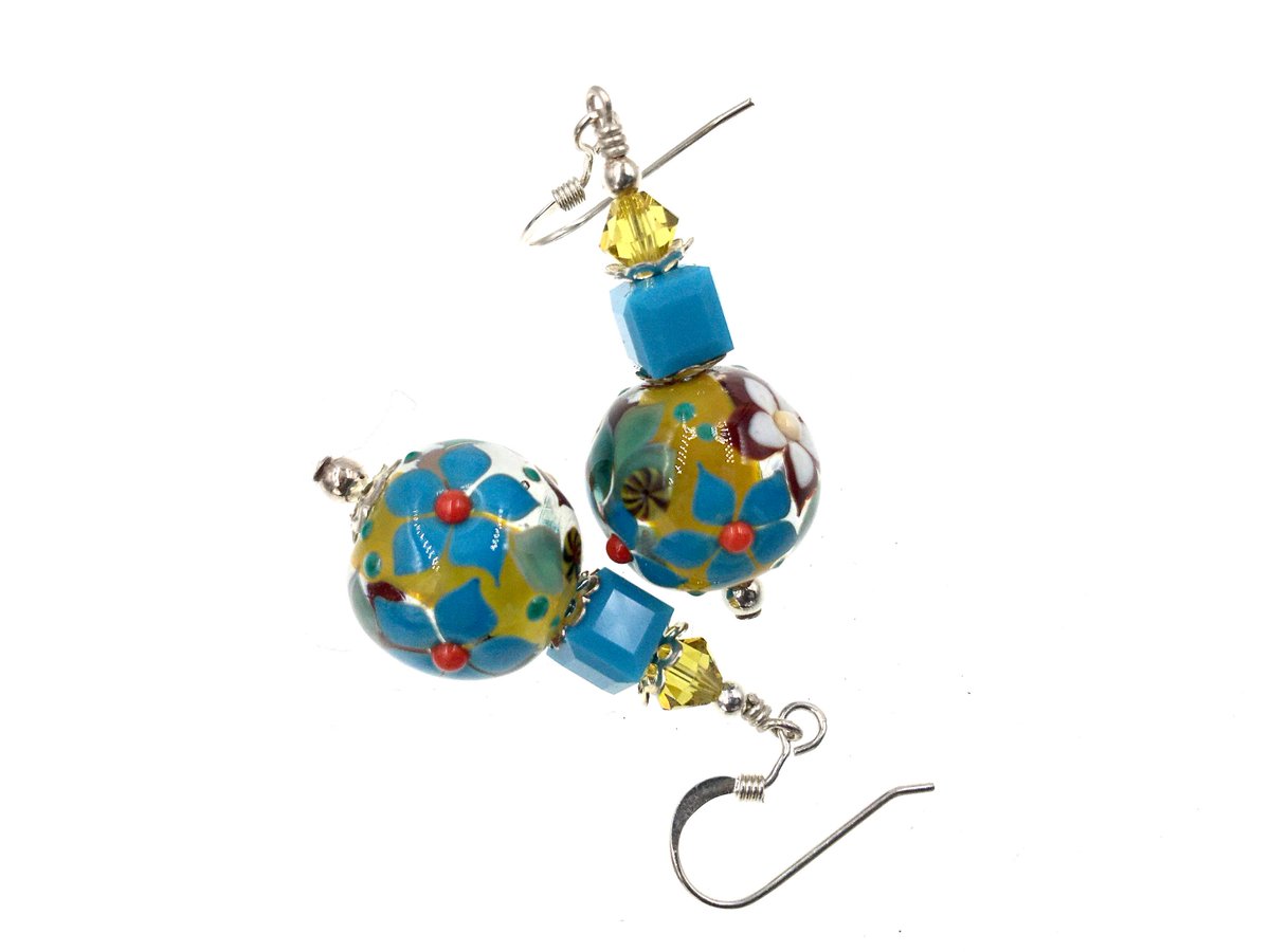 Flower Lampwork Earrings, Glass Bead Earrings, Lampwork Jewelry, #BeadworkEarrings, Glass Bead Jewelry, #TurquoiseYellowEarrings etsy.me/2BvpVwb #lampworkearrings #glassbeadearrings #handmade #sale #discount