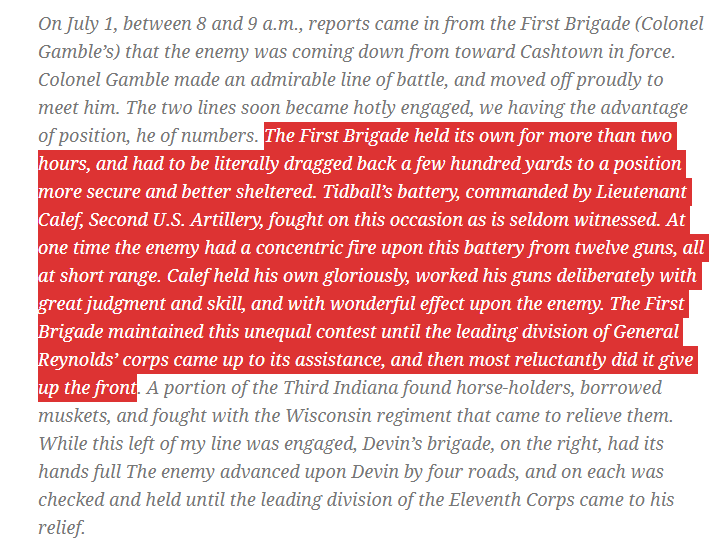 Buford's men fight with tenacity, with rapid-fire breach-loading carbines able to volley fire into the slower-loading muzzles of the Confederate army - slowing the advance of a force at least 2-3 times their number (10 of 16)