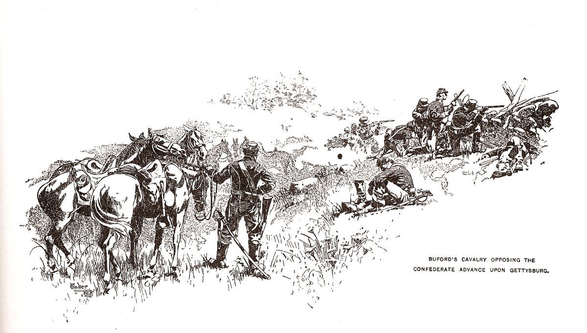 Buford makes two critical decisions meant to confuse the enemy: dismounts his troops, unusual for mounted horsemen, so they are better able to lay effective fire from coverspreads out - does not concentrate - his artillery, a battery of only six gunsyet risks being overrun
