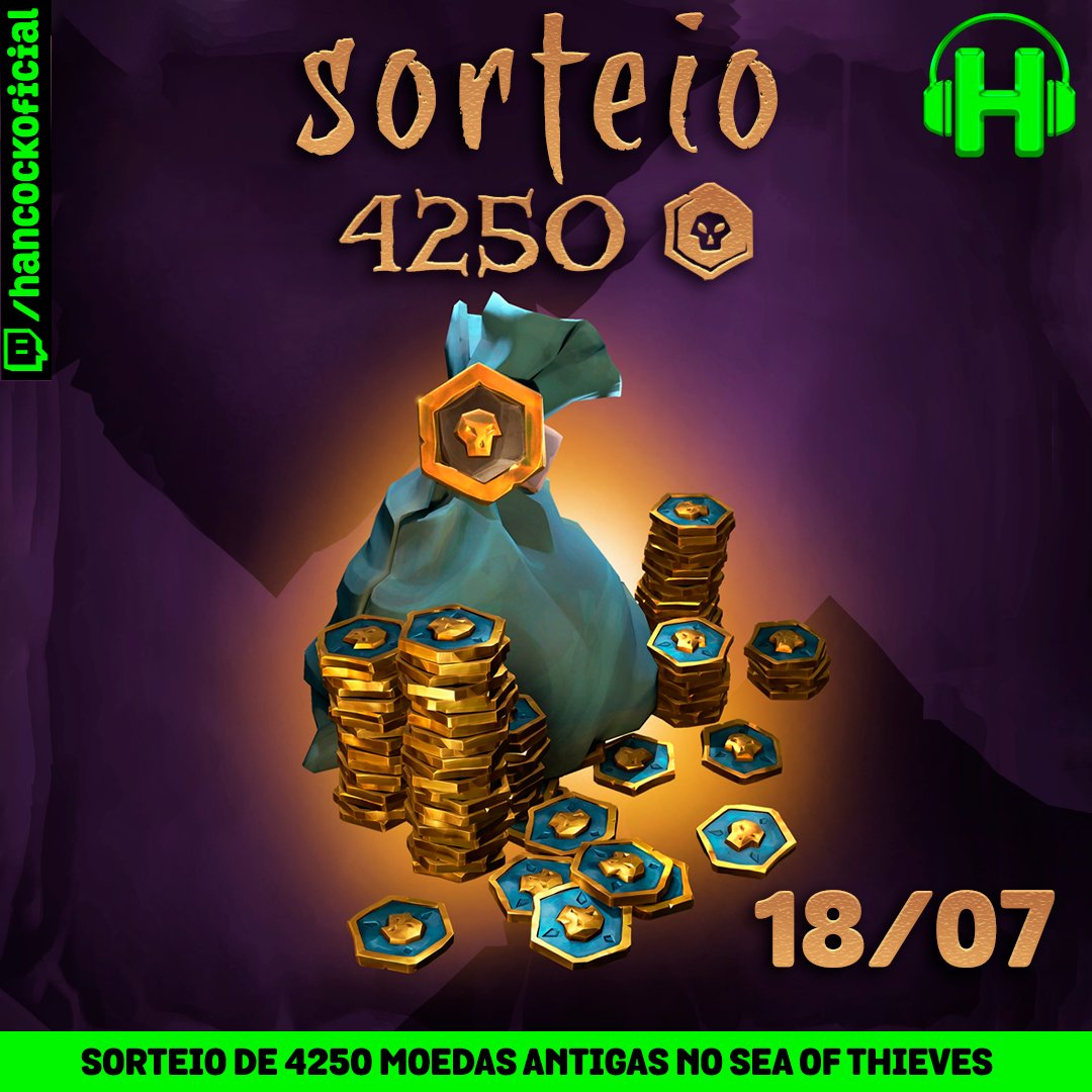 HancockShow's tweet photo. SORTEIO DE 4250 MOEDAS ANTIGAS SEA OF THIEVES
 #FiquericonoSeaOfThieves #SeaOfThieves #sorteio  
Galera do Sea of ​​Thieves quer ter outras skins maneiras? Quer seu mascote? Então entre ai e boa sorte, faça todas as etapas e tenha mais chances! Participe:
https://t.co/45bdGNkZvK https://t.co/befcj7bN6y
