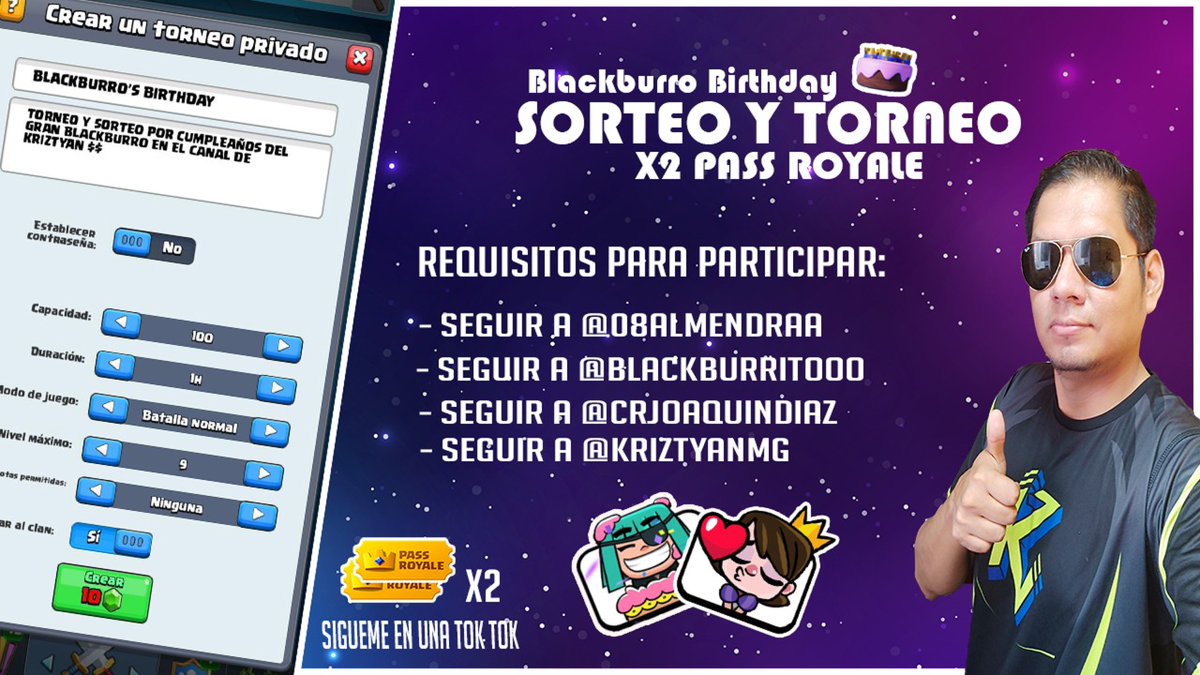 🟢TORNEO POR PASS ROYALE CELEBRANDO EL CUMPLE DE UN SEGUIDOR ALIAS @Blackburritooo 

Aquí se celebra con los seguidores como debe de ser🥳

trovo.live/Kriztyan