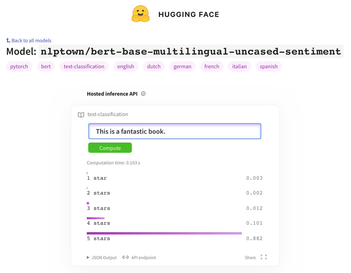 nlptown's tweet photo. We're loving the inference widget in v2 of the @huggingface model hub, which lets you try out all shared #nlproc models, including our 6-language #SentimentAnalysis model. Also great to see our model has been downloaded almost 64,000 times in the past 30 days! #deeplearning #ai https://t.co/jPxFYdbhlZ
