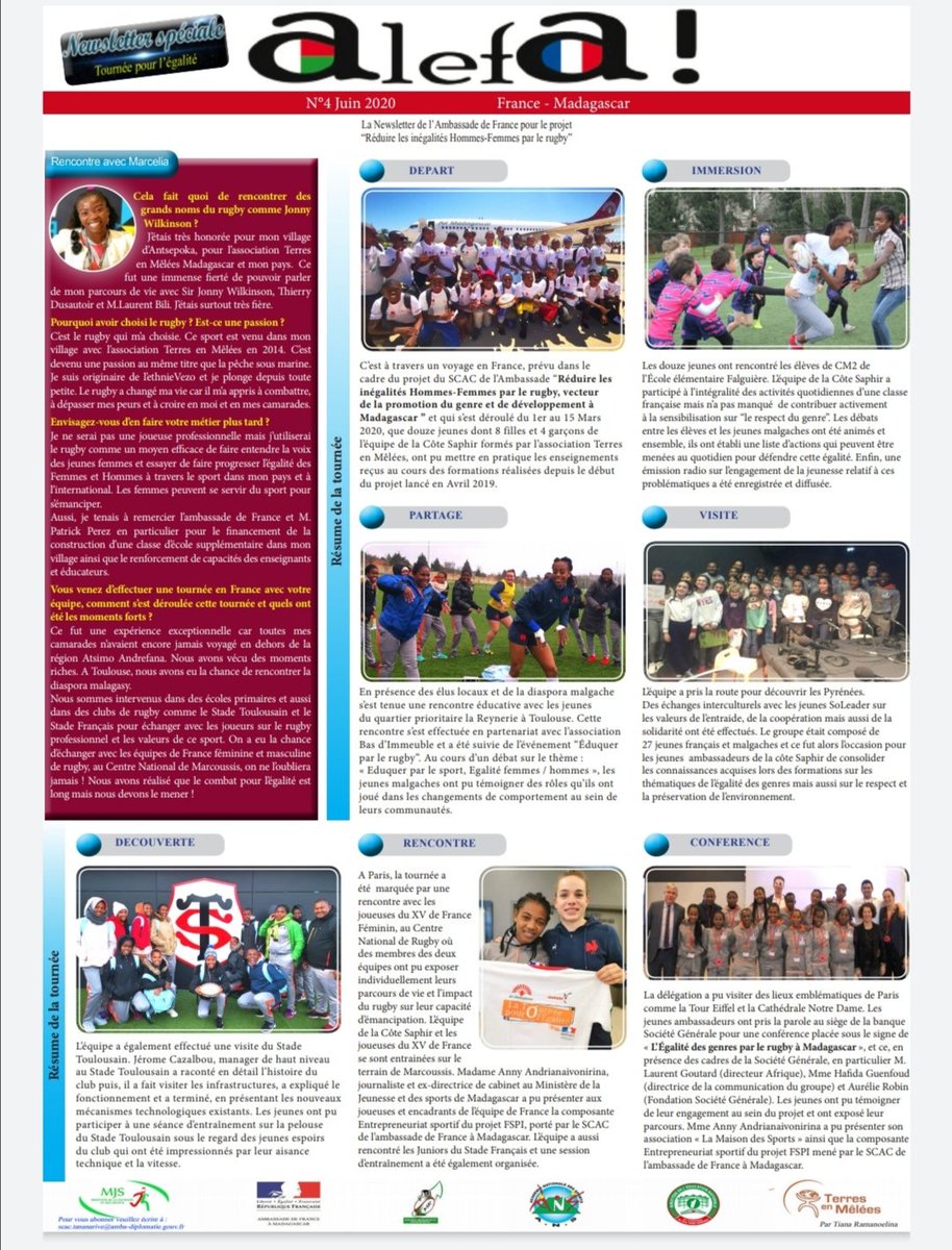 15 jeunes ♀️♂️ du sud ouest de Madagascar ont participé durant 15 jours en France à la Tournée pour l'Egalité pour promouvoir l'égalité femme/homme par le 🏉
Avec le soutien de <a href="/ambafrmada/">France à Madagascar 🇫🇷 🇪🇺</a>
<a href="/MalagasyRugby/">MALAGASY RUGBY</a> <a href="/diplomatieMg/">MadagascarDiplomatie</a> et des compagnies ✈️ Air Madagascar et Tsaradia