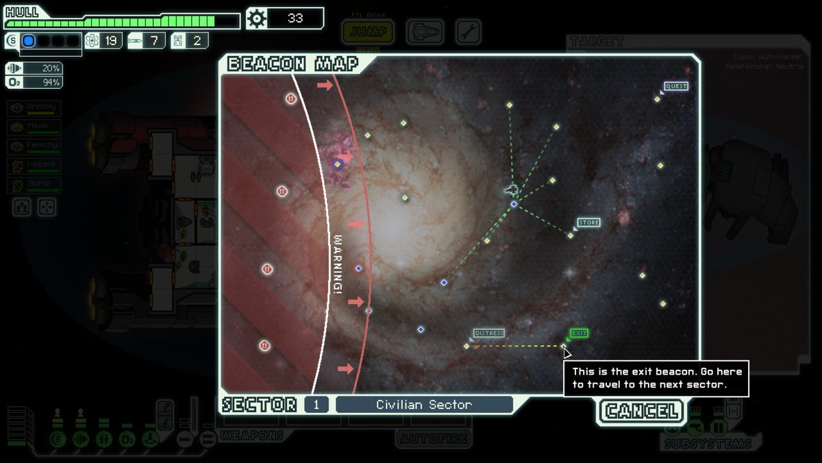 Sectors in FTL are pointcrawls. They have around 20 points, called Beacons. Each point links to 2 or 3 others. The aim is to get from left to right without falling behind the advancing line of enemy forces.