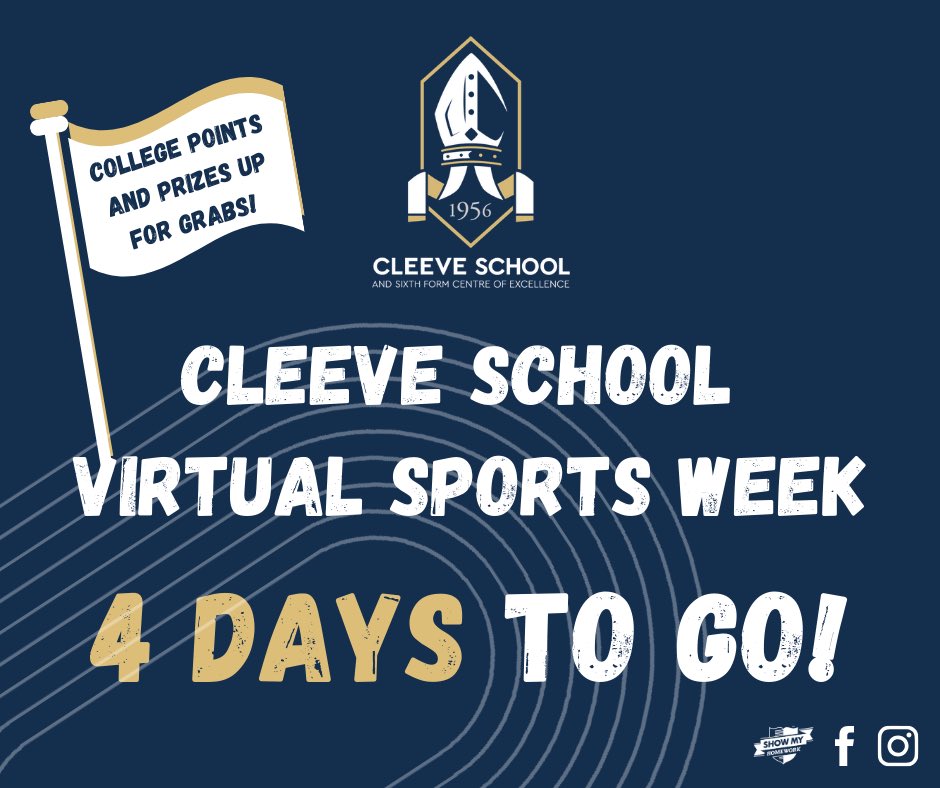 4 DAYS TO GO! 👟

Limber up, it’s almost time for our first ever Virtual Sports Week! 🎽🏆

College points and performance prizes up for grabs this year - don’t miss out!

#VirtualSportsWeek2020
#TeamCleeve