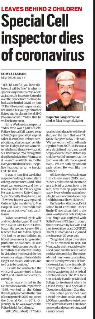 IPS Association (@ips_association) on Twitter photo IPS Association mourns the unfortunate demise of Inspector Sanjeev Yadav from <a href="/CellDelhi/">Special Cell, Delhi Police</a>, <a href="/DelhiPolice/">Delhi Police</a>
Shri Yadav was a COVID Warrior, taking on the evil of COVID19 & ensuring citizen safety.
May his soul rest in peace. We offer our heartfelt condolences to the bereaved family. IPS Association mourns the unfortunate demise of Inspector Sanjeev Yadav from <a href="/CellDelhi/">Special Cell, Delhi Police</a>, <a href="/DelhiPolice/">Delhi Police</a>
Shri Yadav was a COVID Warrior, taking on the evil of COVID19 & ensuring citizen safety.
May his soul rest in peace. We offer our heartfelt condolences to the bereaved family.