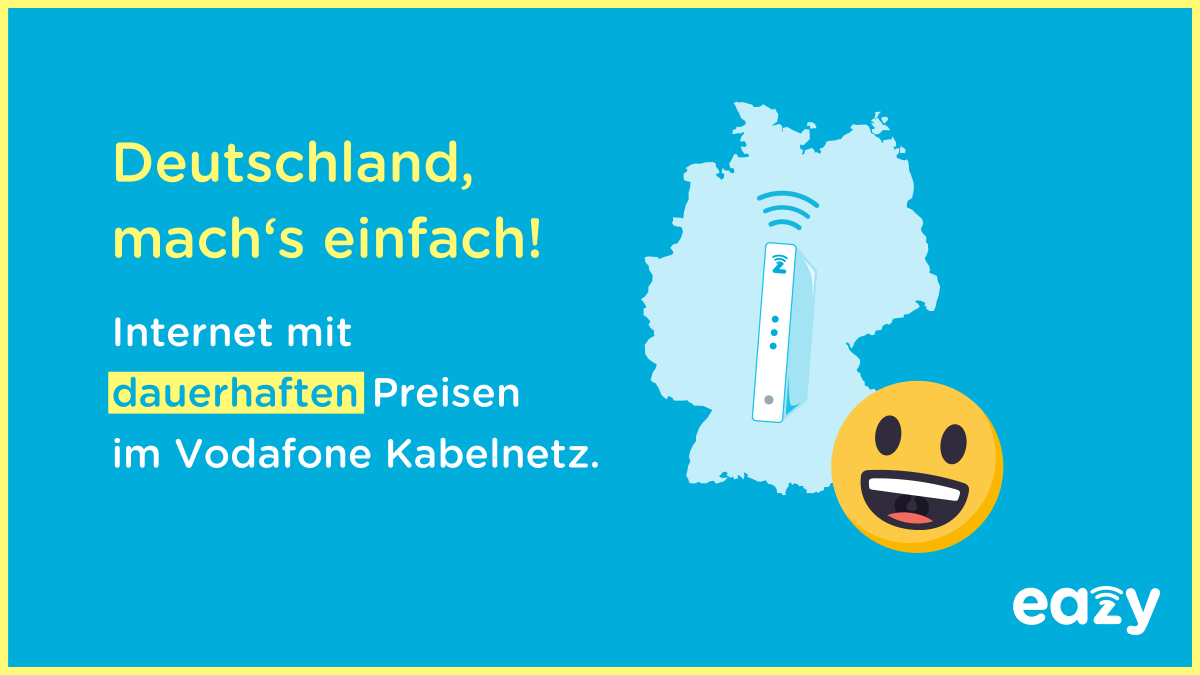 🚨 NEU 🚨
Ab sofort in ganz Deutschland: Internet mit dauerhaft günstigen Preisen, fair und ohne versteckte Kosten. Jetzt im Vodafone Kabelnetz.
Deutschland, mach's einfach. 😃 
#machseinfach #eazy