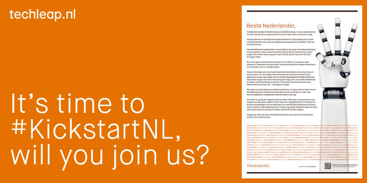 Met deze positieve oproep vandaag in het <a href="/ADnl/">AD.nl</a> en <a href="/FD_Nieuws/">FD Nieuws</a> bieden we als techsector Nederland onze hulp aan in het herstel van ons land. Startups en scale-ups barsten van de ideeën en dat is precies wat Nederland nu nodig heeft #KickstartNL buff.ly/38mqGDZ