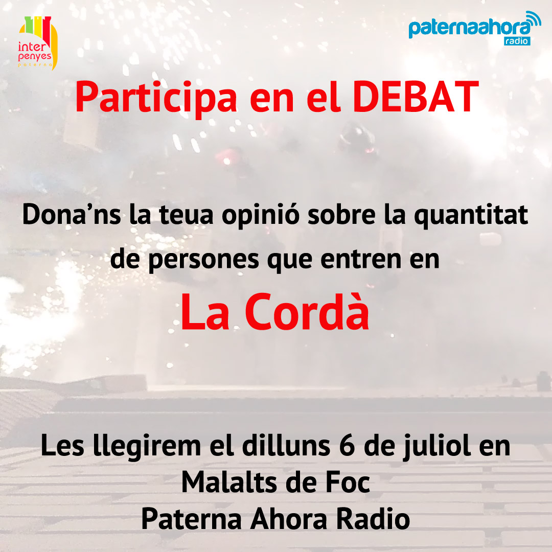 La teua opinió compta i molt!

Explica-li a tota #Paterna quina és la teua opinió respecte a la quantitat de persones que participen en La Cordà.

Deixa la teua opinió en els comentaris fins al divendres 3 de juliol.

#LaCordà