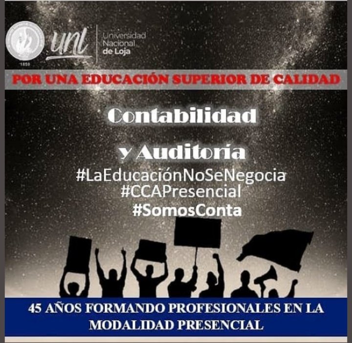 AuditoriaUnl's tweet image. Las Nuevas medidas del CES no garantizan una educación superior de calidad y excelencia académica. 
Por los 45 años de formar Contadores Auditores con profesionalismo y ética, Contabilidad se respeta. 

#LaEducaciónNoSeNegocia  #CCAPresencial #SomosConta