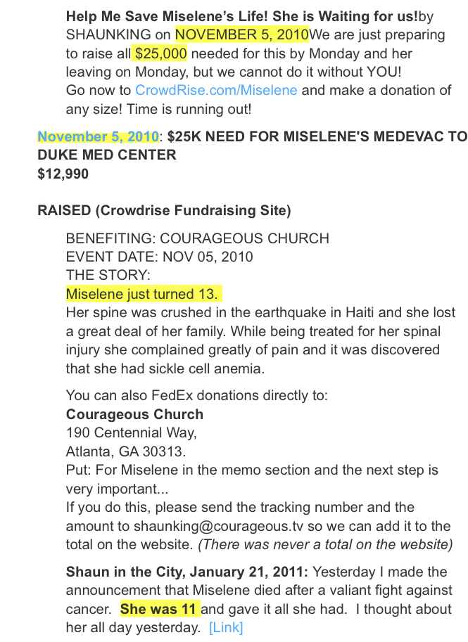 November 5, 2010: They need to raise 25K for Mirelene urgently. Fed ex your money straight to the church. TYSM.