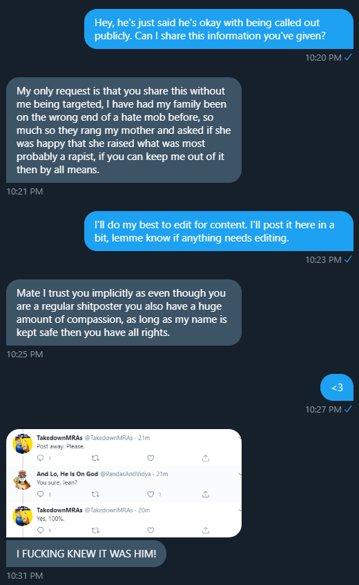 This has been posted with the explicit permission of all parties involved.Meet  @TakedownMRAs