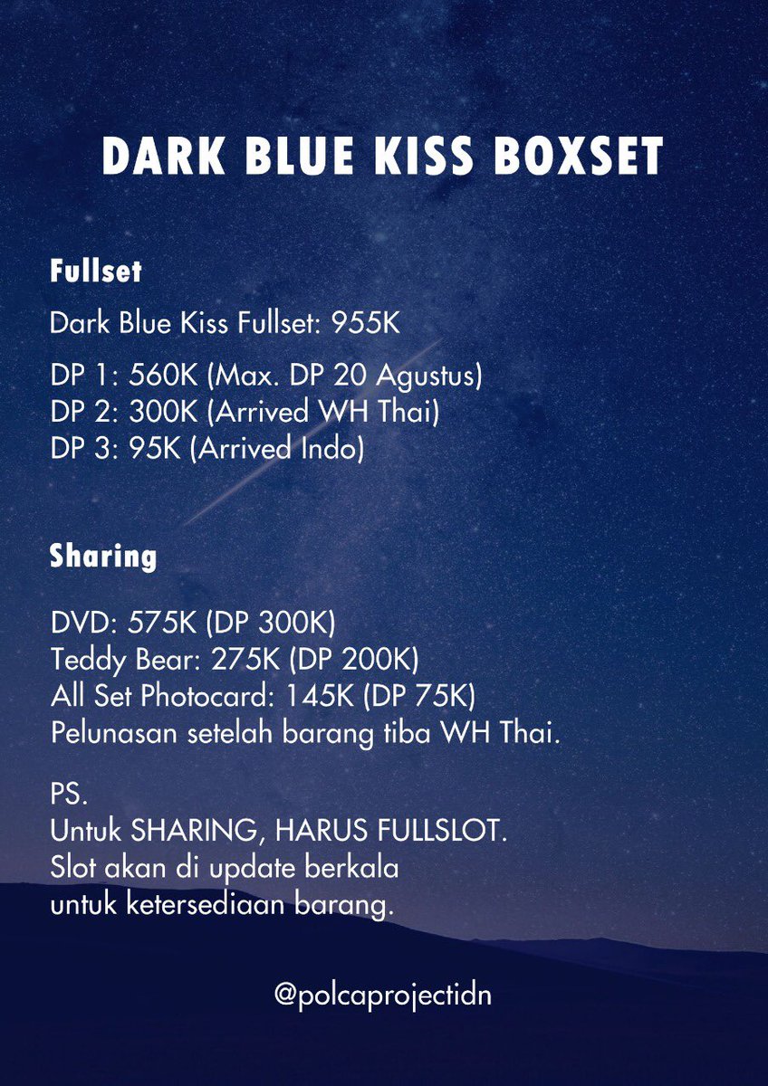 polcaprojectidn's tweet photo. Hallo Polca 🥰
Ini kita udah announce untuk harga fullset dan sharing ya. Bisa dilihat di poster ini. Setelah melakukan pembayaran untuk boxset kalian langsung isi gform di bawah ini
https://t.co/o0sGiv202E
#polcaprojectIDN #DarkBlueKissBoxset https://t.co/OxU19rdYwe