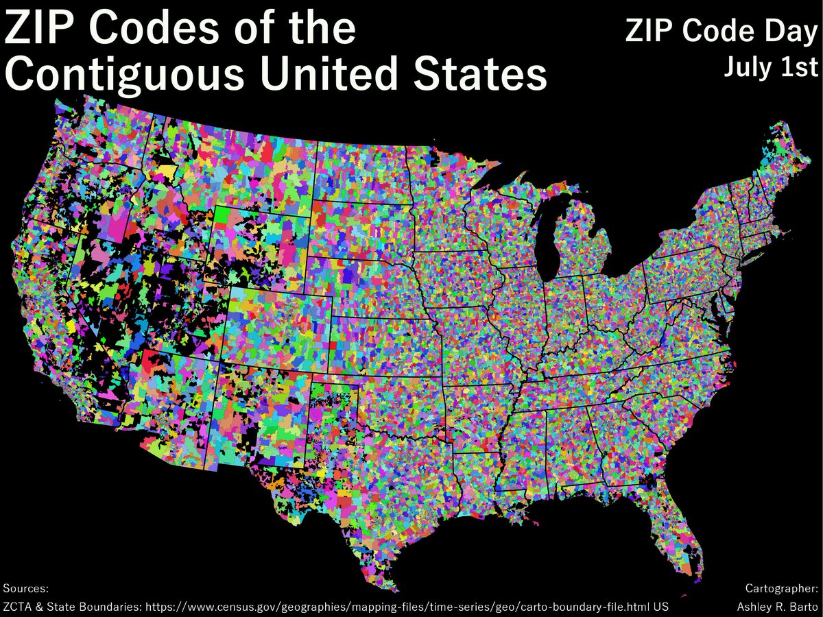 a_crockett_'s tweet photo. It's #NationalZIPCodeDay (which I learned was a holiday today), so I made this map to show all of the ZIP code areas in the contiguous US. https://t.co/cVFw7JYFBz