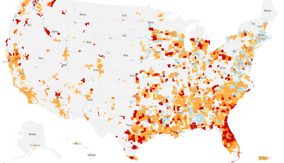 Quick thread about a mapping trick the  @nytimes has adopted in the last few weeks that have dramatically improved their coronavirus maps.The maps are about different topics, but note one other key diff. between maps on left (April 3), middle (wikipedia) & right (NYT today) 1/