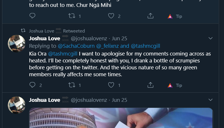 This tweet got him a bit of flak. A journo chimed in, and long story short, Joshua accused her of corruption and threatened to OIA something. This has been deleted. He released an apology (as below). He also asked if someone "likes 14yo girls" (4/x)
