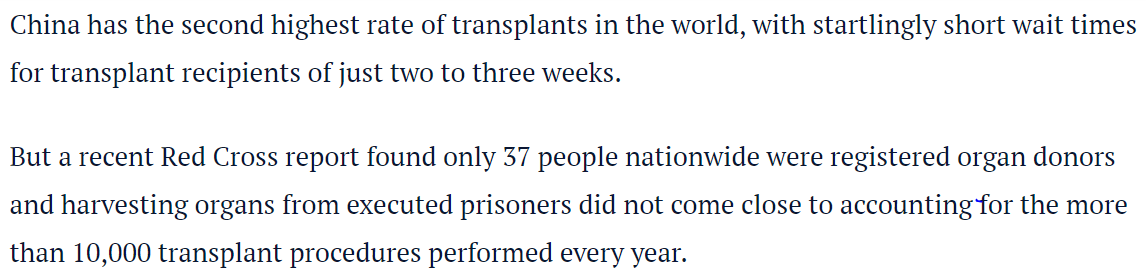 2015: "her husband had removed the corneas of 2000 people while they were still alive. Afterwards the bodies were secretly incinerated."  https://www.smh.com.au/world/chinas-gruesome-live-organ-harvest-exposed-in-documentary-20150407-1mgabb.html