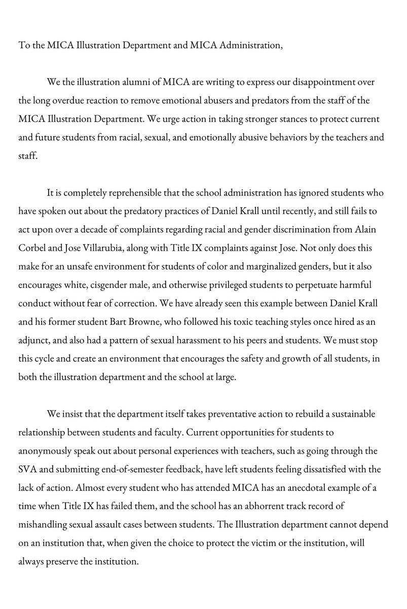 AgentPaloma's tweet photo. A letter to the MICA illustration department, signed by over 200 former illustration students from the classes of 1996-2020. 
In the full letter there are over fourteen pages of statements and testemonials from former students.
This must end here and now. https://t.co/Z5PiCkso1u