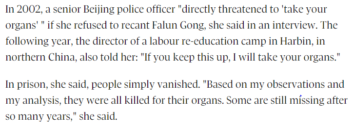 2016: "Chinese surgeons are transplanting between 60,000 and 100,000 organs a year ... using Falun Gong practitioners, Uyghur Muslims, Tibetans and Christians as a pool for human-tissue" extraction. https://www.theglobeandmail.com/news/world/report-alleges-china-killing-thousands-of-prisoners-to-harvest-organs/article30559415/