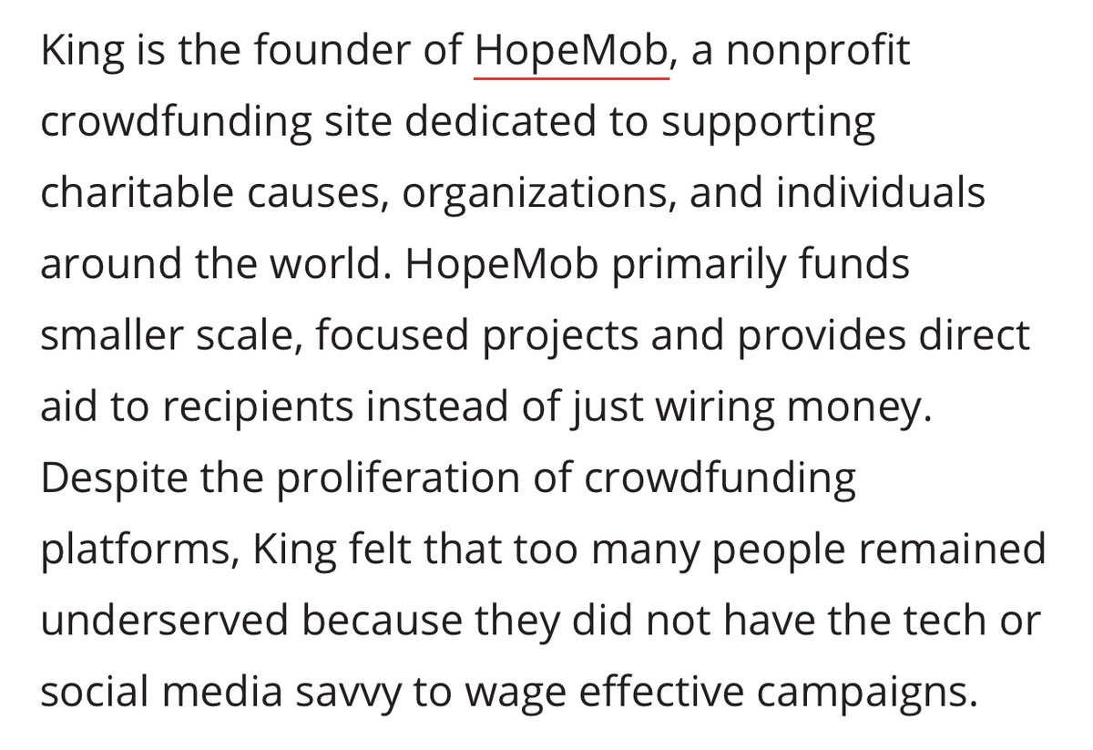 2013 (maybe 2012) - 2014 - King is co-founder and head of a crowdfunding platform called Hopemob.