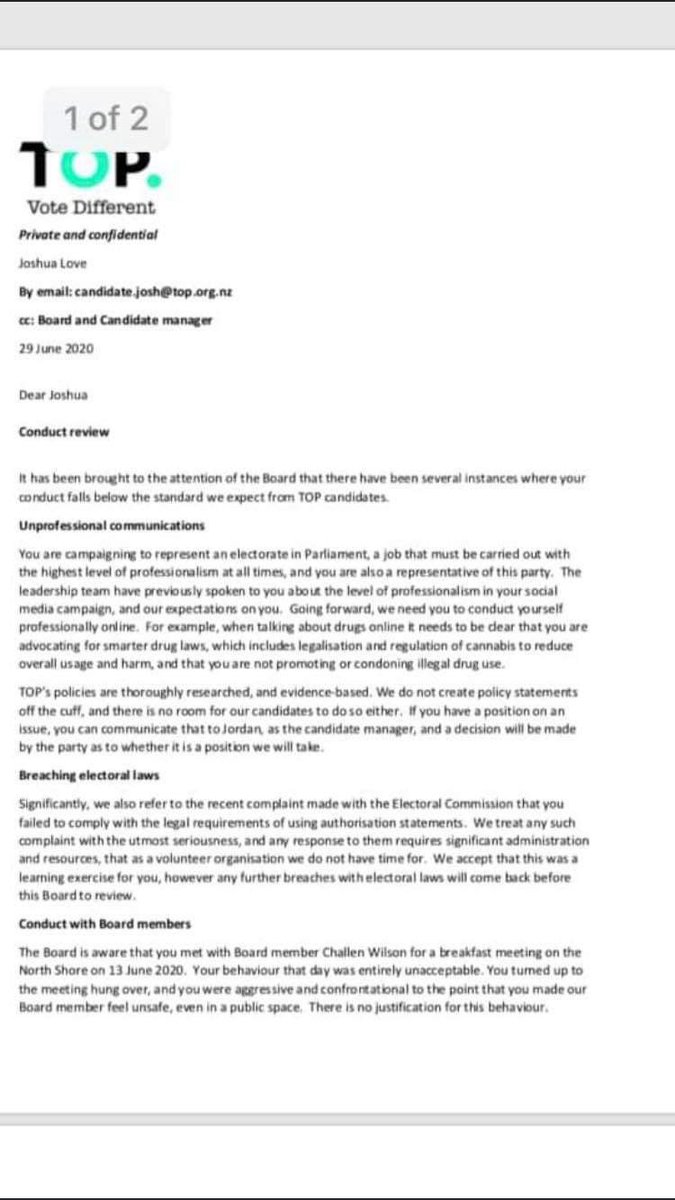 Now, this isn't the most professional nor the only time he's acted like this. As a result, an internal letter sent to Joshua Love from TOP.Allegations included showing up to meetings drunk and breaking electoral law.He responded by posting it publicly to his FB page: (5/x)