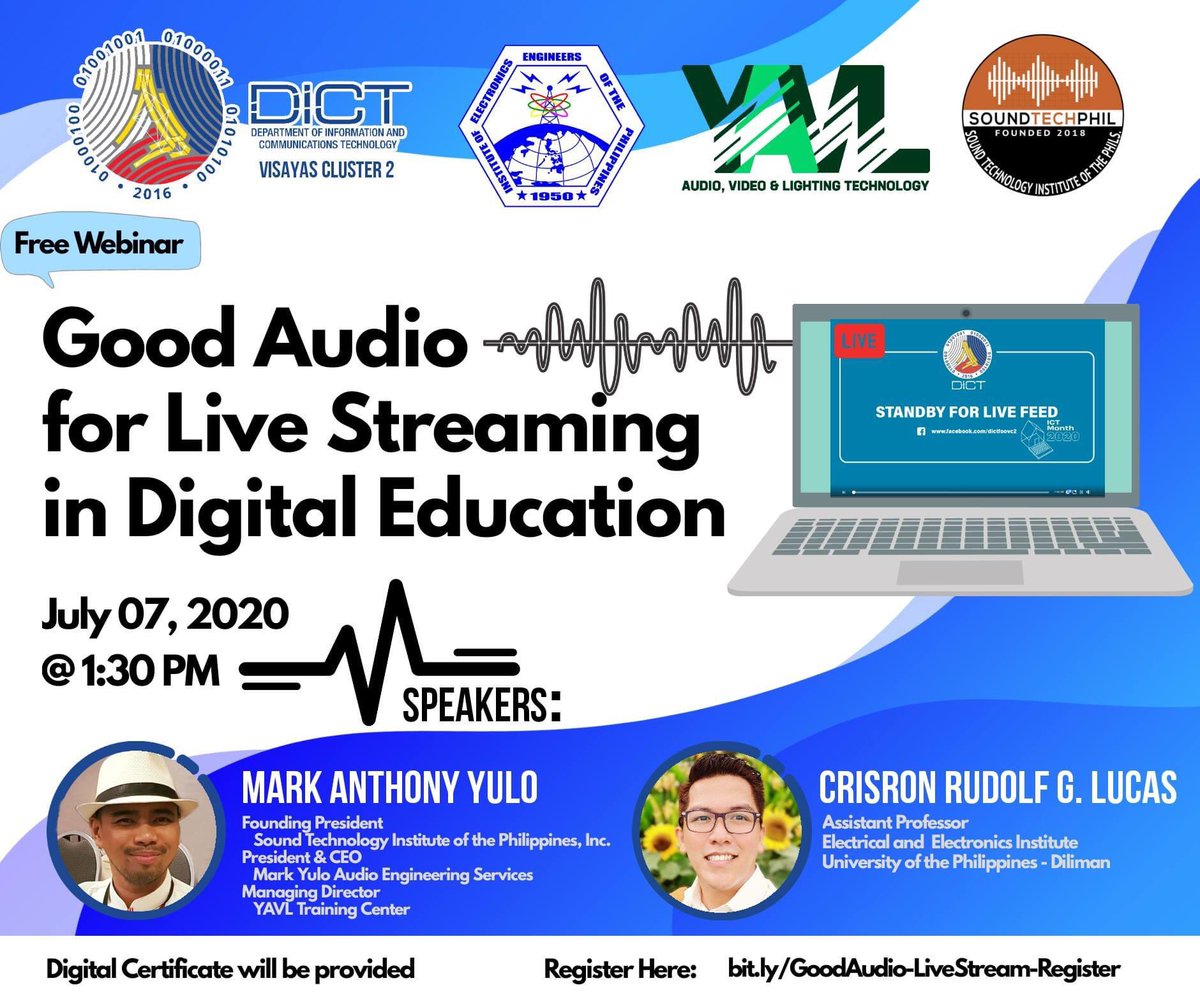 markyuloaudio's tweet image. The Department of Information and Communications Technology (DICT) Visayas Cluster 2 (VC2) invites you to a FREE webinar:

📌 July 7, 2020 @ 1:30 PM: “ Good Audio for Live Streaming in Digital Education" by Mark Anthony Yulo and Crisron Rudolf Lucas.