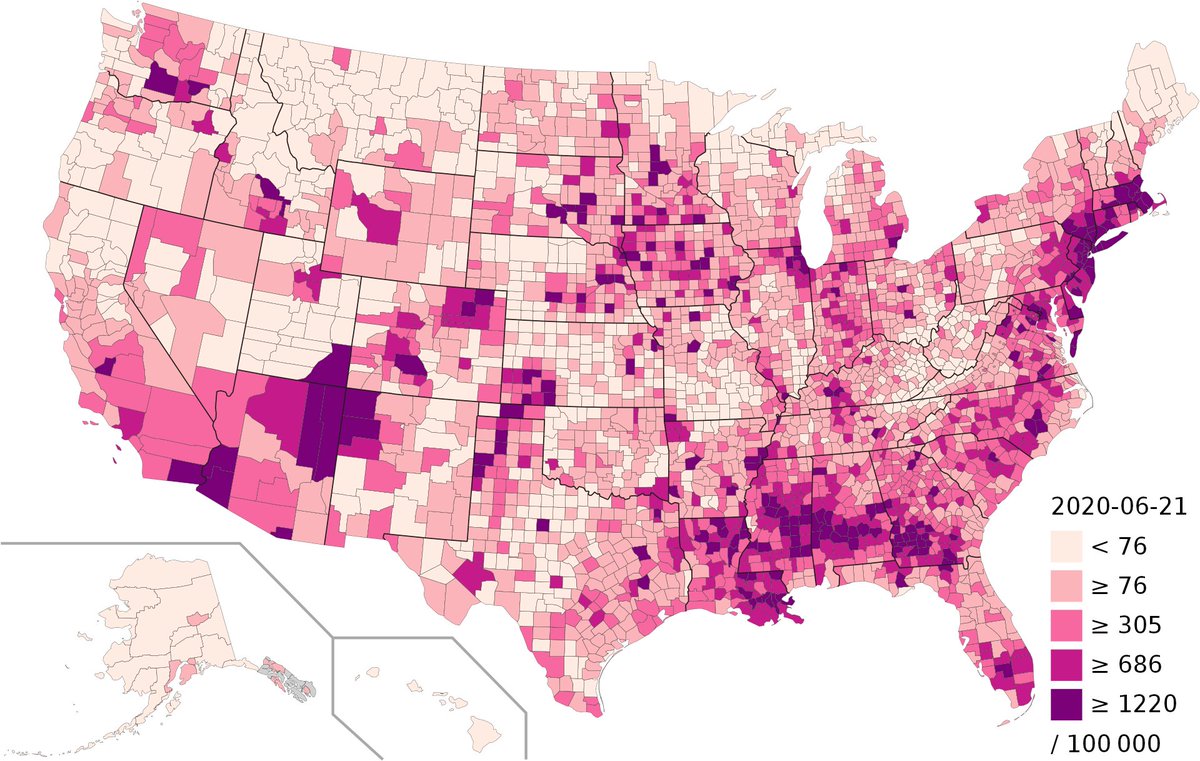 But at least now, only 20% of this county is shaded, which does not make you think immediately that "things are terrible in this big part of California" That read of the data would be wrong, but that is precisely what a county-level map like this one on the right would tell 5/