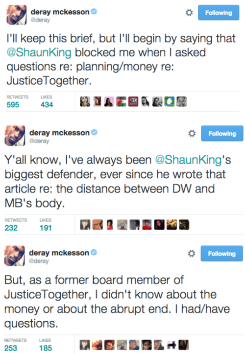  #JusticeTogether was going left before it even launched officially. Regardless of what Shaun says NOW, the reason he and Deray fell out was bc Shaun went on the defensive @ JT ops and $$. Members banned together and wrote an open letter about the situation. Find it with  #JT30