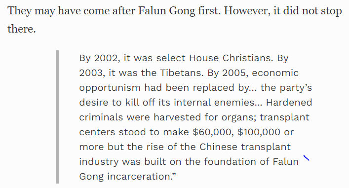 “there are only two places where one can receive the full range of organs from a prisoner of conscience: China and more recently, the territory under the control of the Islamic State, commonly known as ISIS.”