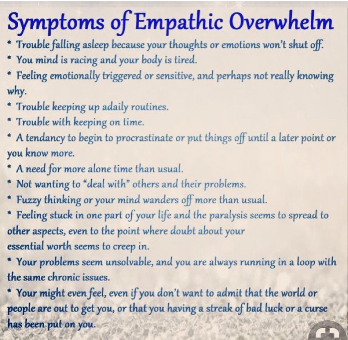TrishMckinnley's tweet photo. I’ve been talking a lot about #empaths lately and will continue to do so. Being an #empath can never challenging, and it’s easy to be overloaded. It’s important to #ground yourself and release any #negative #energy. Here are some signs of #empathoverload that I found. #selfcare https://t.co/VJ1JA8Rmkk