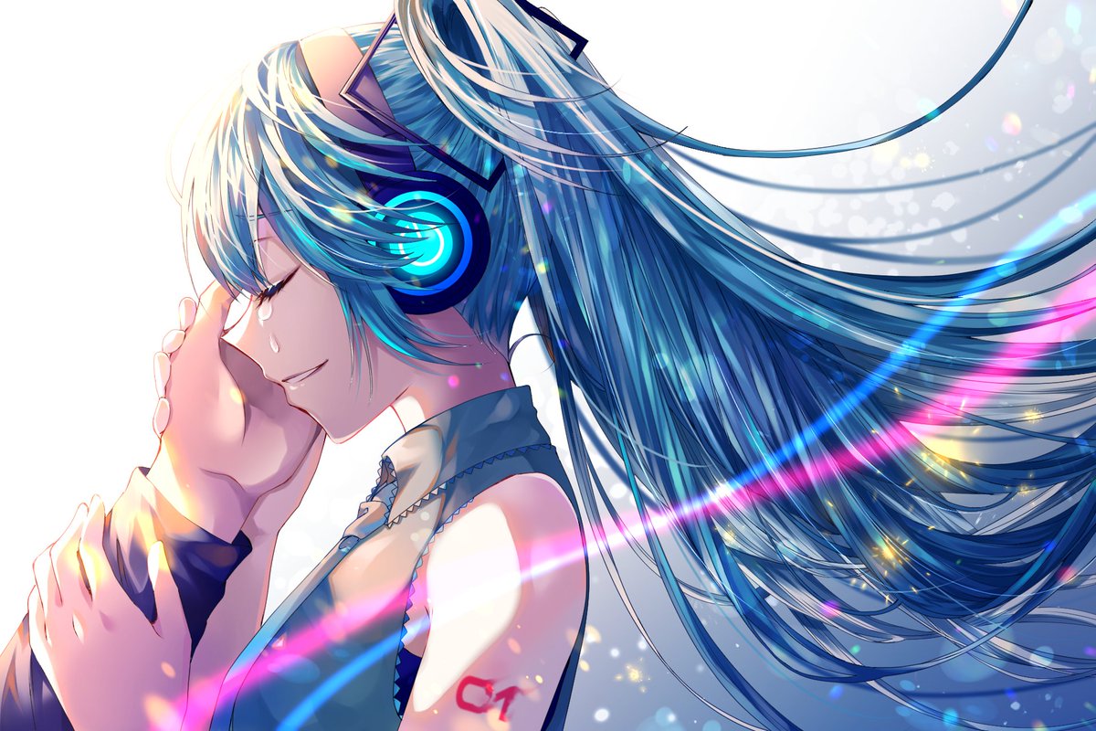 hatsune miku 1girl long hair twintails hand on another's face hand on another's cheek shirt closed eyes  illustration images