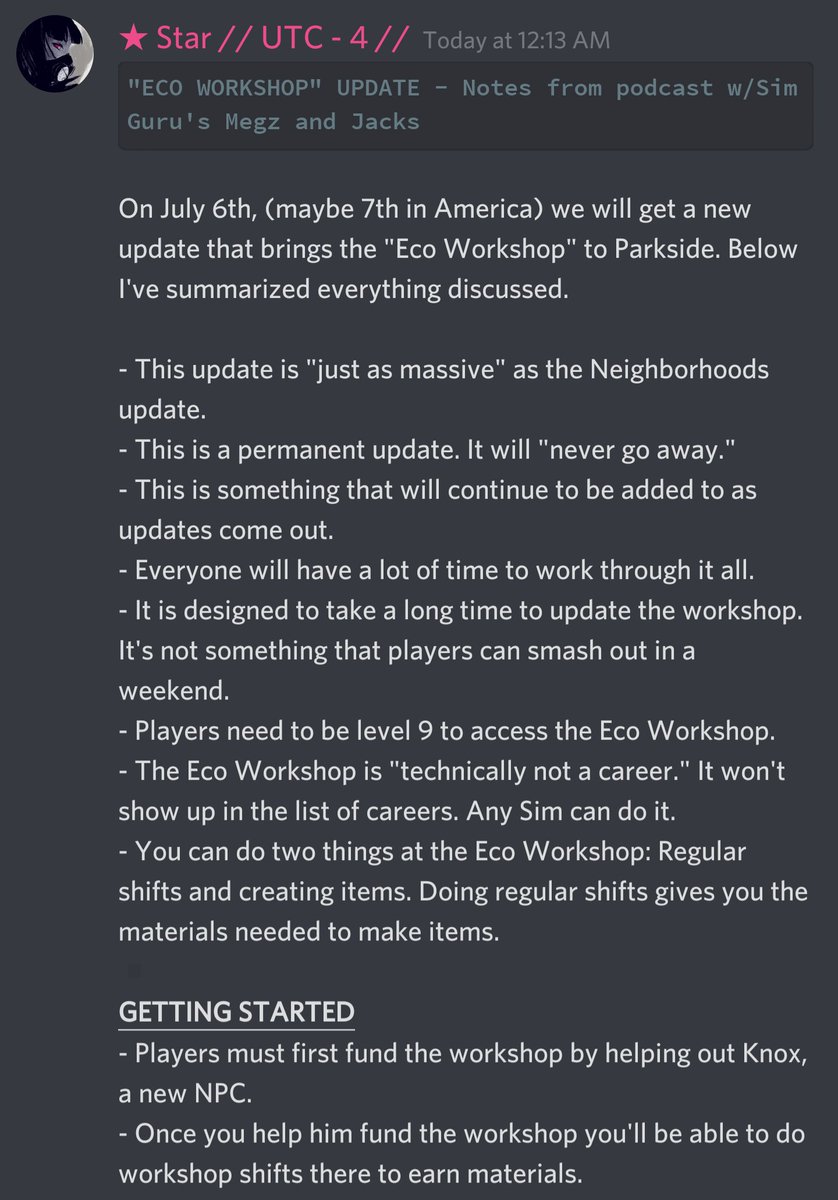 SimsMobileStar's tweet photo. The Sims Mobile Eco Workshop "massive" update! Coming July 6th (or 7th in the Americas?) Here's the cliff notes I posted on the TSMC Discord from @rachybop and @beyondsims podcast with @SimGuruMegz and @SimGuruJackS. Hope I understood correctly. @TheSimsMobile #TheSimsMobile https://t.co/5iVxV2G064