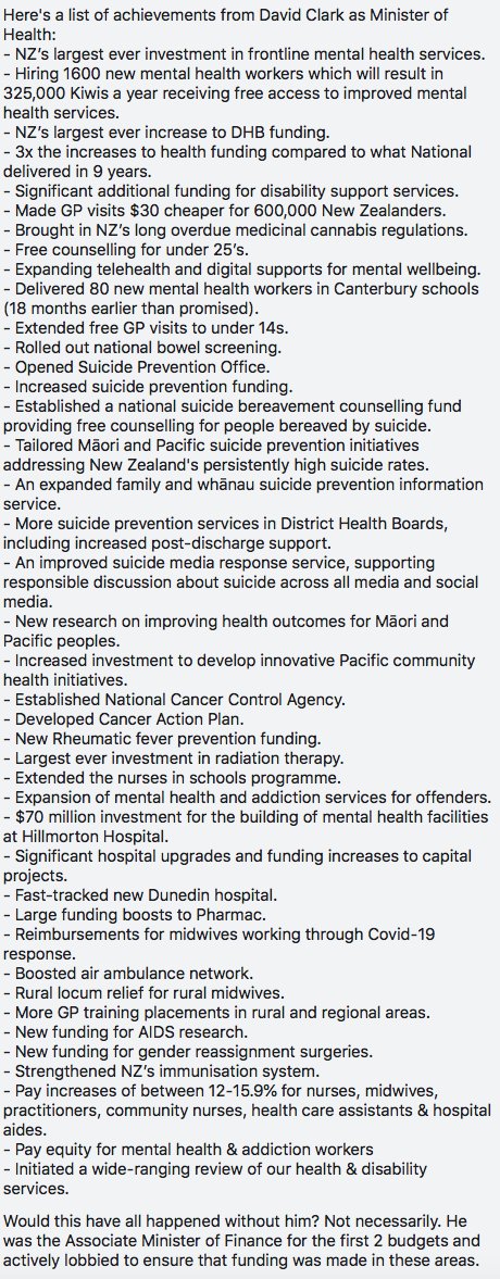 Some Labour-supporting folk are sharing this list in support of David Clark's reputation. Whatever you think of him personally, it does underline that the current government has done quite a lot in Health.