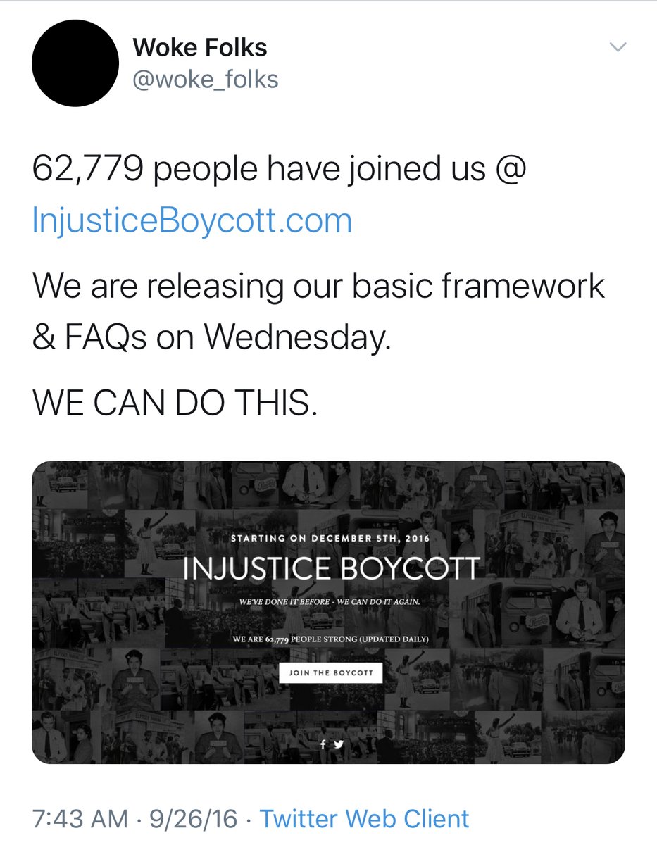 So, 2016, back to organizing! King announces  #TheInjusticeBoycott. So far as I can tell, it never got to a phase two. There weren't even really clear directives on what it was going to be besides the target cities they were starting in (keep that in mind).