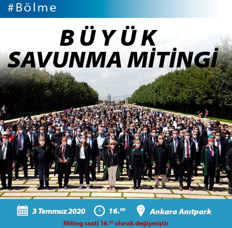 Barolarımızın bölünmesine, cübbesi düğmeli topluluklara indirgenmesine karşı, savunmayi savunmak adına, tüm meslektaşlarımızı 03.07.2020 tarihinde Saat:16:00’da Ankara Anıtpark’ta “Büyük Savunma Mitingi’ne”bekliyoruz.#ÇokluBaroyaHayır #Bölme #avukathakları
