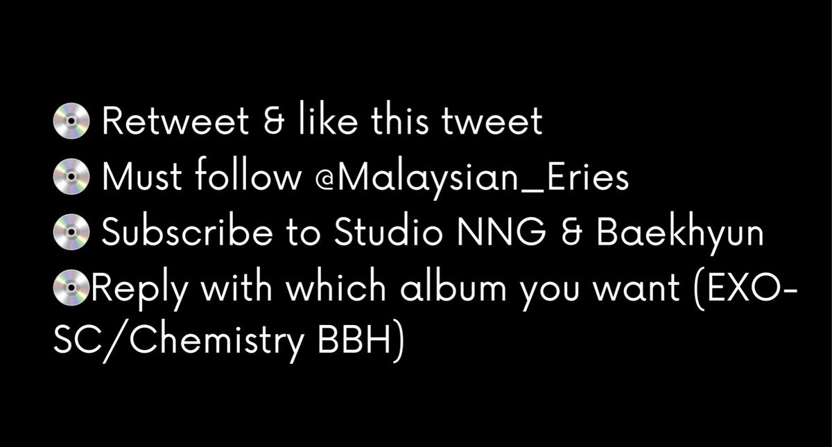Malaysian_Eries's tweet image. ‼️ GIVEAWAY ‼️
💿 EXO-SC 1ST FULL ALBUM 💿 
🍬 BAEKHYUN CHEMISTRY VER. 🍬

🌟 EXO-SC ➡️ 3 Versions, 3 Winners
🌟 Chemistry Ver. ➡️ 2 Albums, 2 Winners

🇲🇾 Open for Malaysian EXOLs only
💌 Shipping will be on us! ✨

END : 15/7 

don’t forget to tag @weareoneEXO #weareoneEXO 🥰