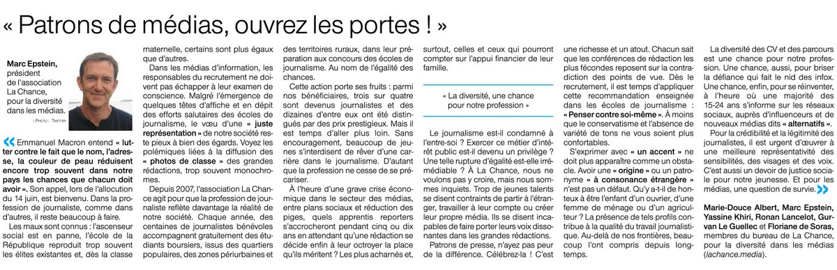 Les rédactions manquent de diversité, alors La Chance lance un appel aux patrons du secteur: #ouvrezlesrédacs Et parce que la France décrite par les médias se résume trop souvent à Paris intramuros, nous avons choisi de le faire dans <a href="/OuestFrance/">Ouest-France</a>
Vs êtes d'accord? Retweetez! 1-11