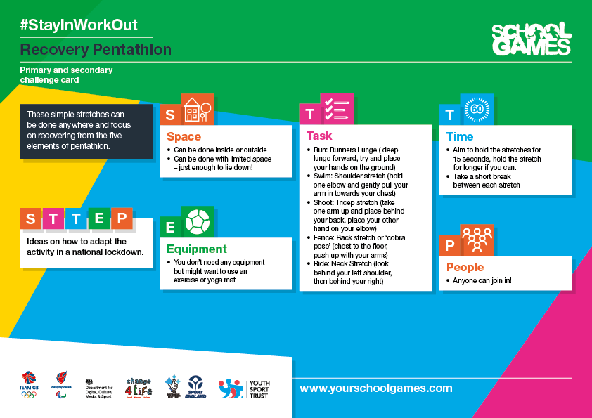 Today's challenge is Recovery Pentathlon. Try it out these simple stretches and let us know how you get on. There are more activity cards to try out over on our website 👉 bit.ly/SGNGBAC #StayInWorkOut