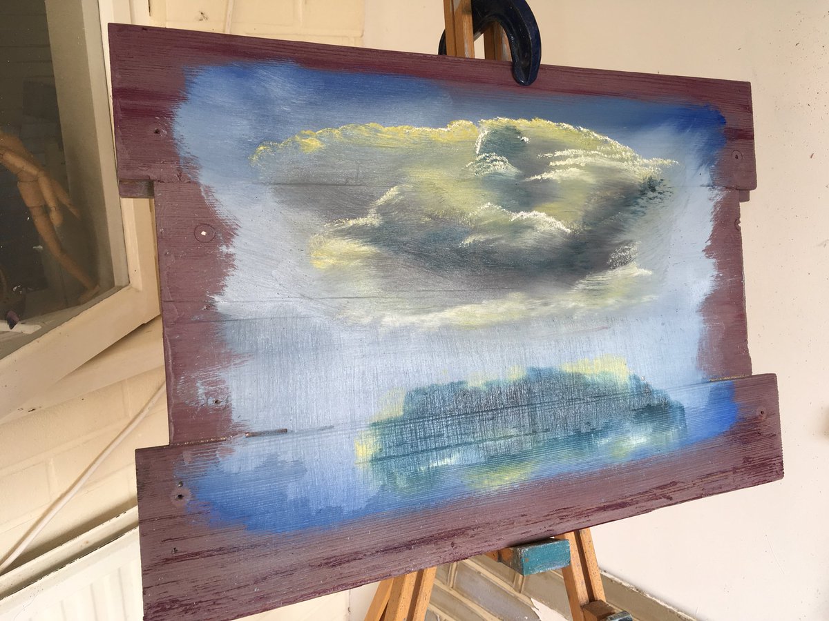 tomthebrus's tweet photo. Yesterday’s painting  on cedar board canvas , base coated in M&amp;L Ash Grey and colour washed in Black Dahlia.then a back ground stormy clouds and water in oils . https://t.co/1dfdbswFhi