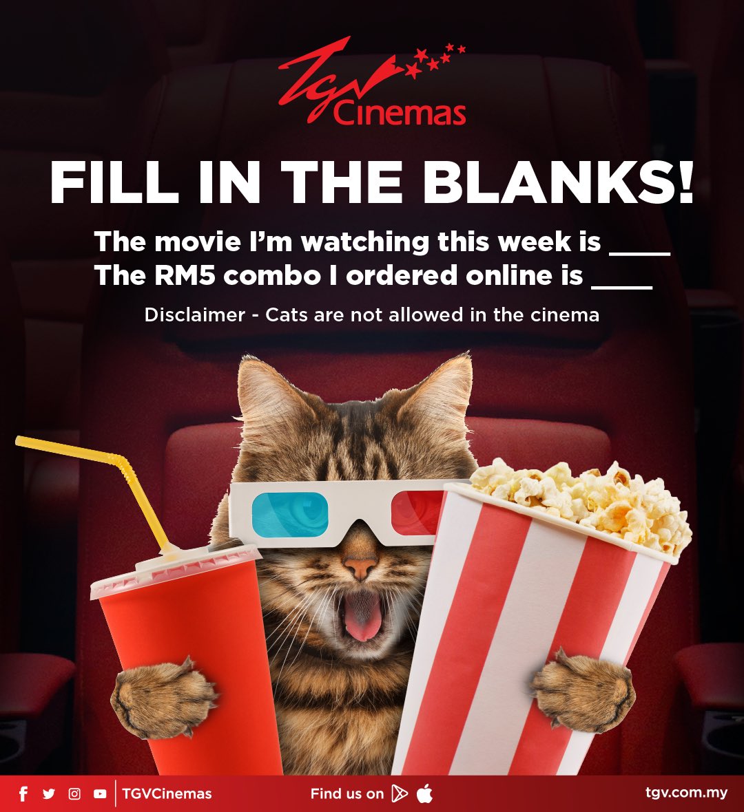 TGVCinemas's tweet photo. FILL IN THE BLANKS! 😻

Have you purchased your RM5 movie tickets and F&amp;B combos yet? Remember to book online as the booking fee is now waived! 

#TGVCares
#TGVCYouSoon https://t.co/nTYP4qgw71