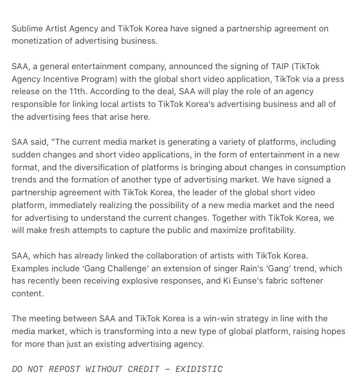 exidistic's tweet photo. [NEWS] Sublime Artist Agency, home to artists like #EXID #HANI, Lim Nayoung etc signed a partnership agreement with Tiktok Korea. https://t.co/cFknDbcjVU