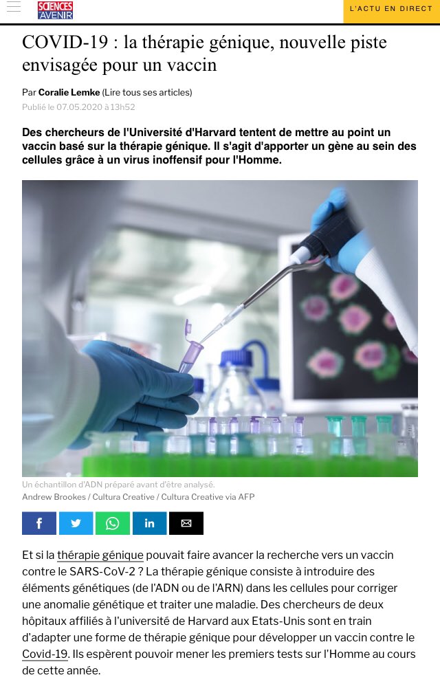 Enfin, les vaccins génétiques ou « vaccins à ADN » vont encore plus loin : De l’ADN génétiquement modifié est directement injecté via des vecteurs viraux dans le corps du patient, et s’insère dans ses noyaux cellulaires.1er tests sur l’humain : 2020  https://www.gazettelabo.fr/archives/pratic/2002/64VACCINS.htm