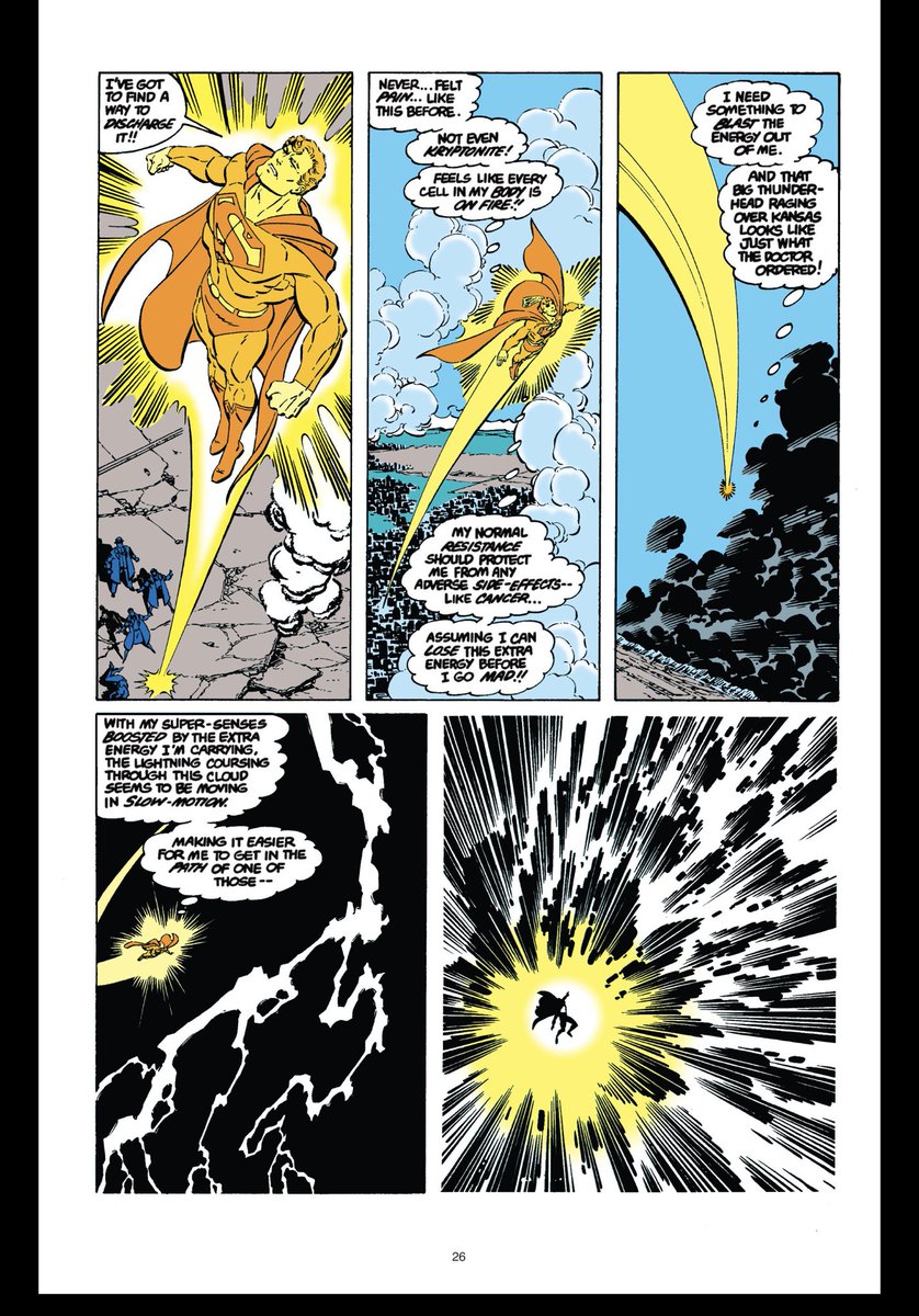 A running subplot has been Superman’s powers malfunctioning as a consequence of absorbing all of (Not She-Hulk’s) energy. This anticipated Grant Morrison’s recurring image of the golden supercharged Superman, and the idea of too much energy harming him, by some years.