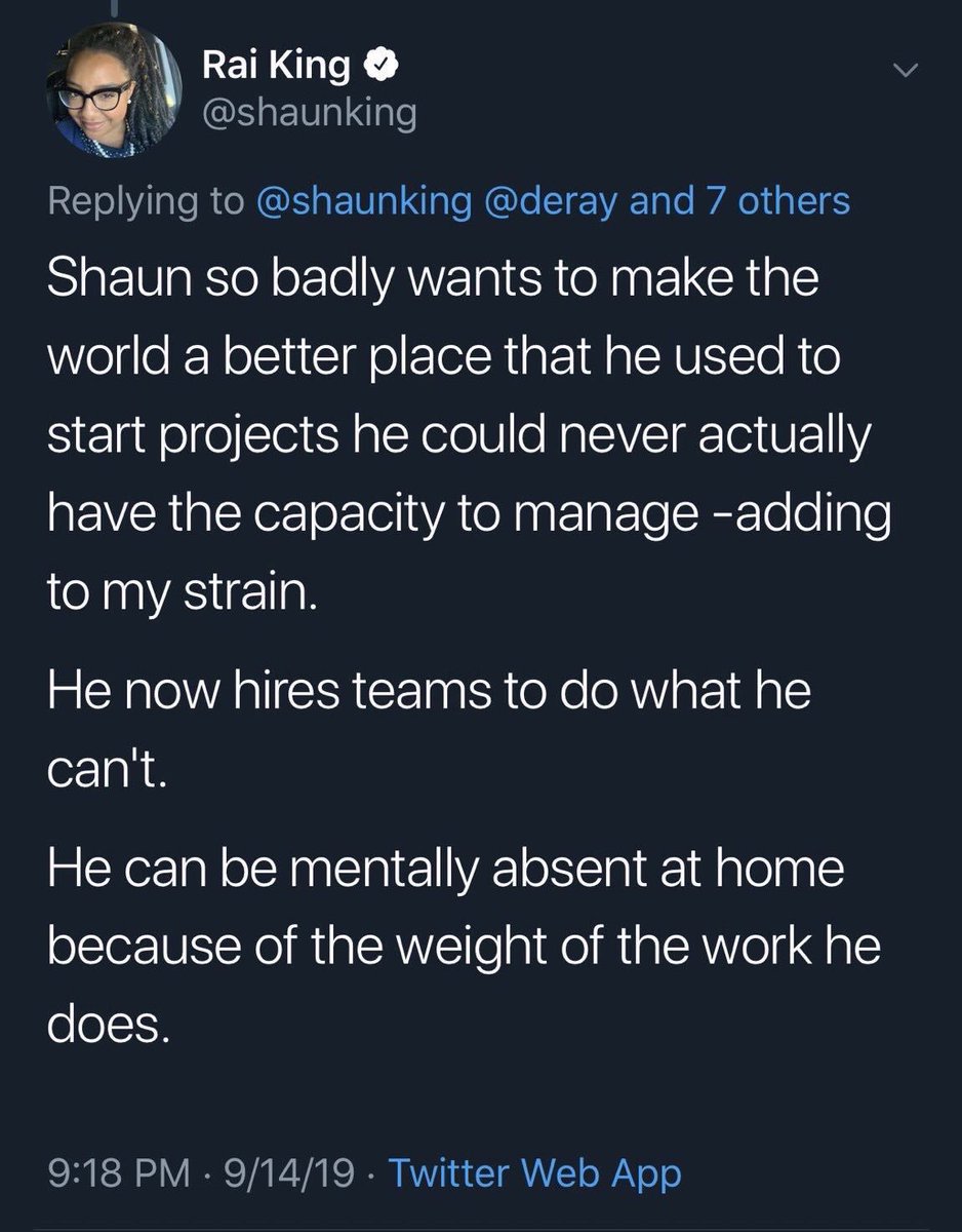 Deray released a more in depth and comprehensive version of everything in this thread that I know a lot of y'all probably ain't read, but it was all there - plus more context - to ask the same question. Shaun's own wife hopped on his twitter and said he just gets in too deep.