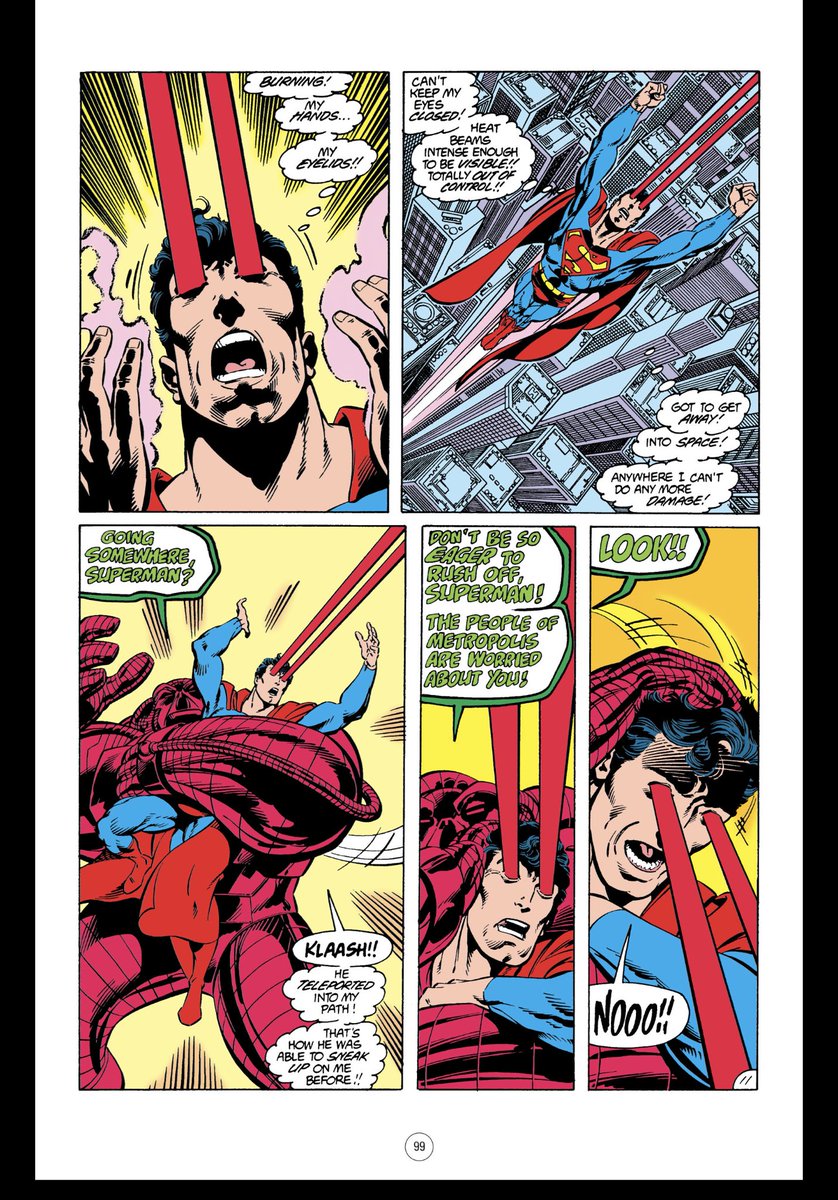 Wonder if this Byrne story about Superman’s out-of-control powers was an inspiration for the MOS film climax. We see the villain putting Superman in a choke hold so as to aim his heat vision, flying into buildings, destruction. Except here Superman isn’t doing it on purpose.