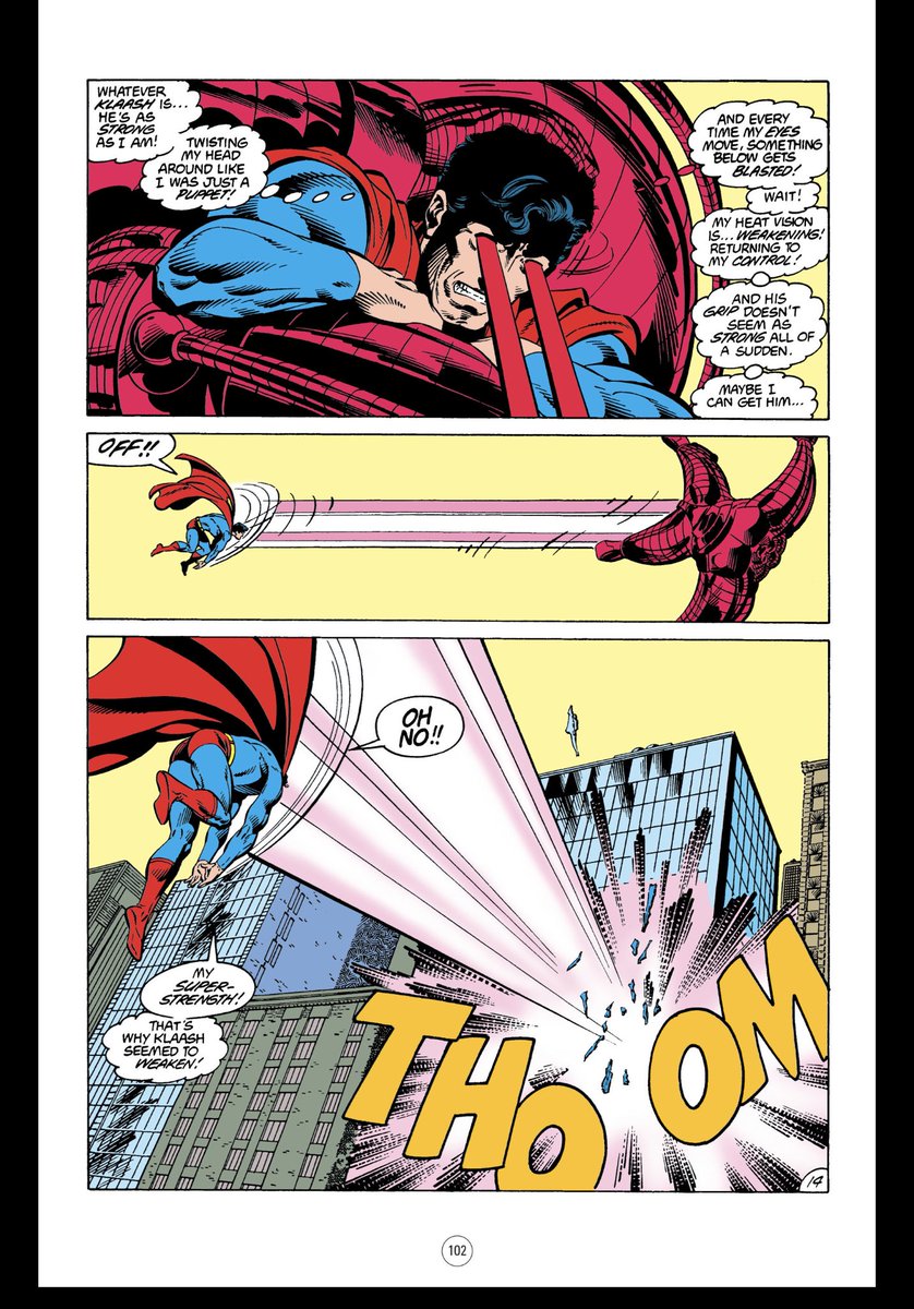 Wonder if this Byrne story about Superman’s out-of-control powers was an inspiration for the MOS film climax. We see the villain putting Superman in a choke hold so as to aim his heat vision, flying into buildings, destruction. Except here Superman isn’t doing it on purpose.